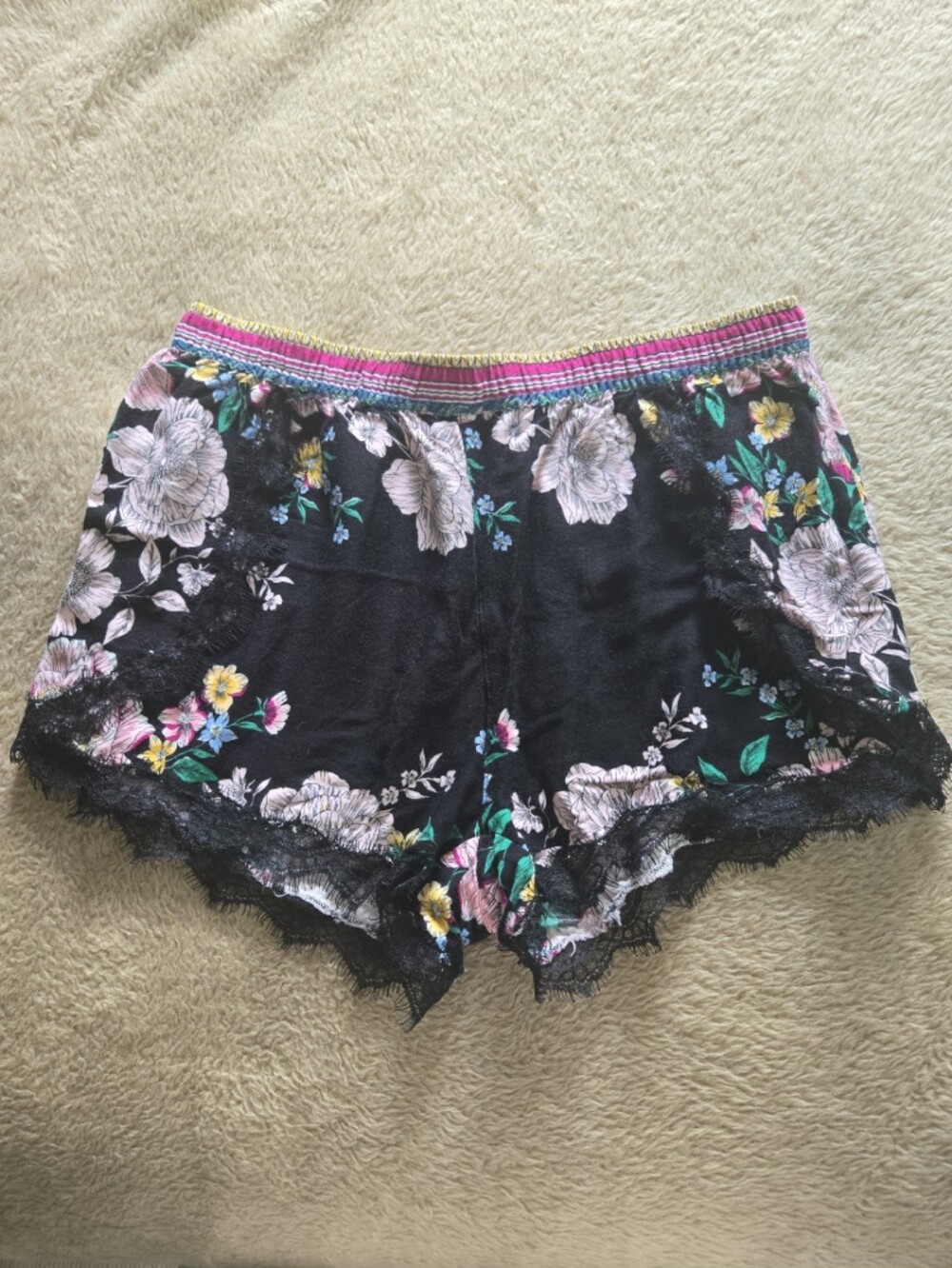 P.J. Salvage Black Floral Lace-Trim Sleep Shorts with Multicolor Waistband M